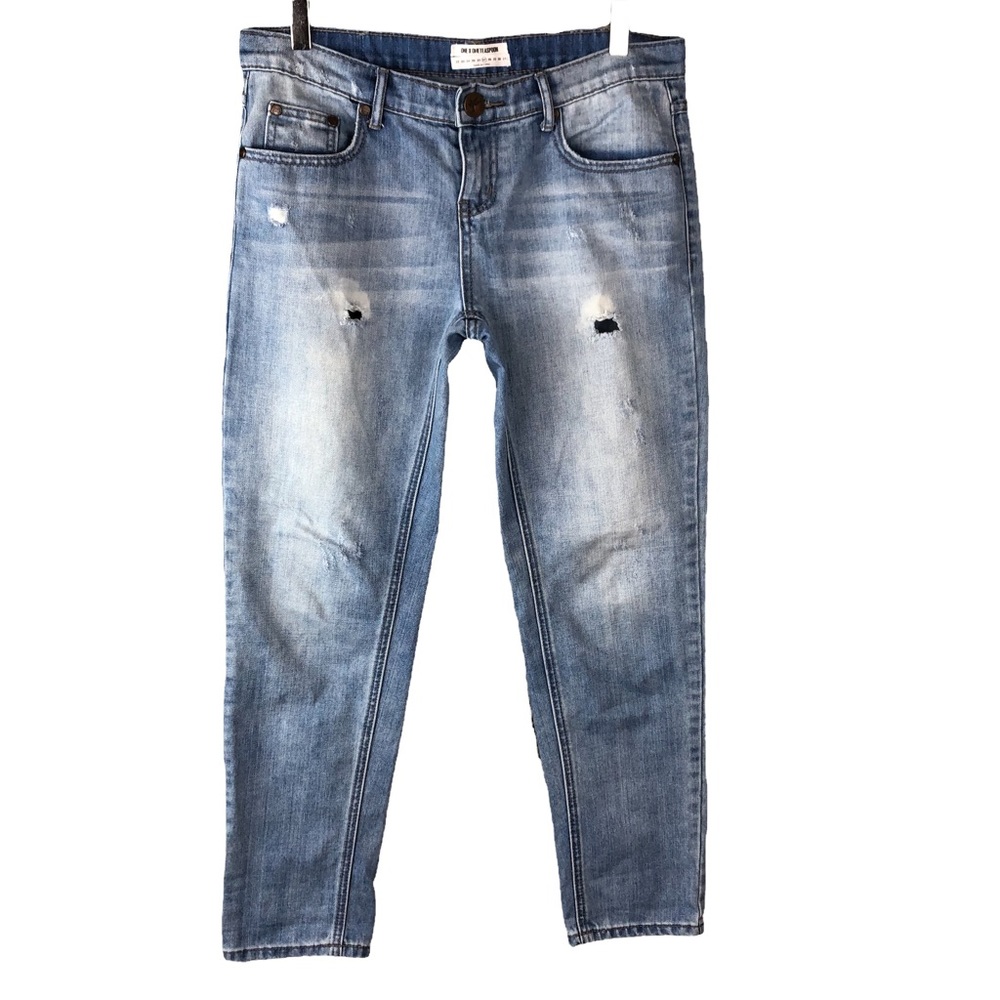 One Teaspoon Awesome Baggies Low Waist Relaxed Leg Taper Distressed Blue Jeans